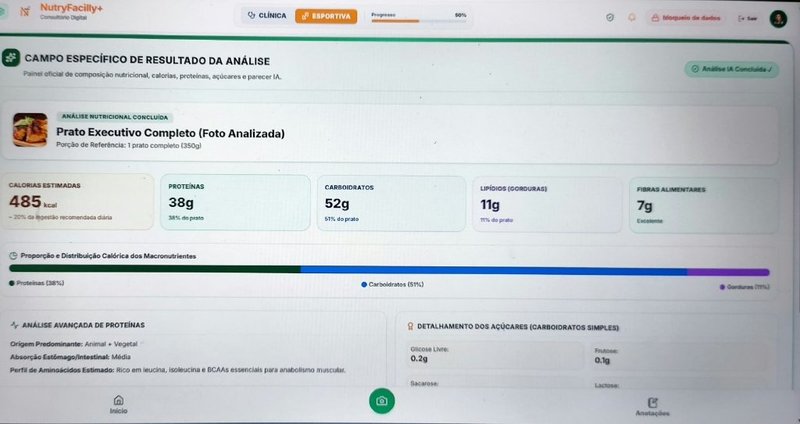 Tela do NutryFacilly+ com a análise de um prato executivo feita por IA: 485 kcal, 38 g de proteínas, 52 g de carboidratos, 11 g de gorduras e 7 g de fibras